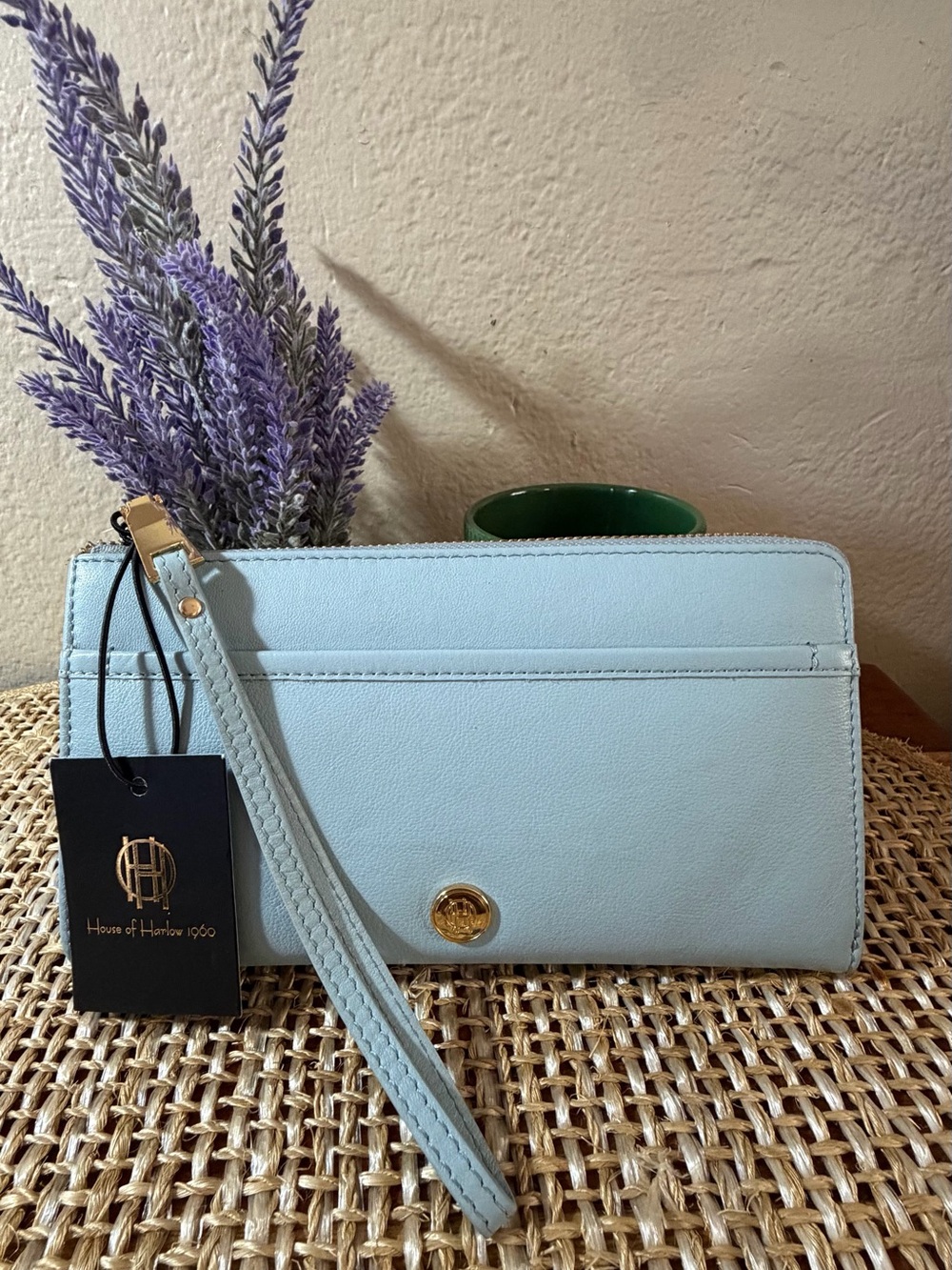 House of Harlow 1960 Pale Blue Wristlet Clutch with Gold Accent